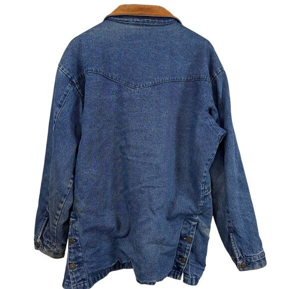 Most Wanted 100% Cotton Denim Leather Collar Barn Chore Field Jacket Coat sz L - Picture 13 of 16